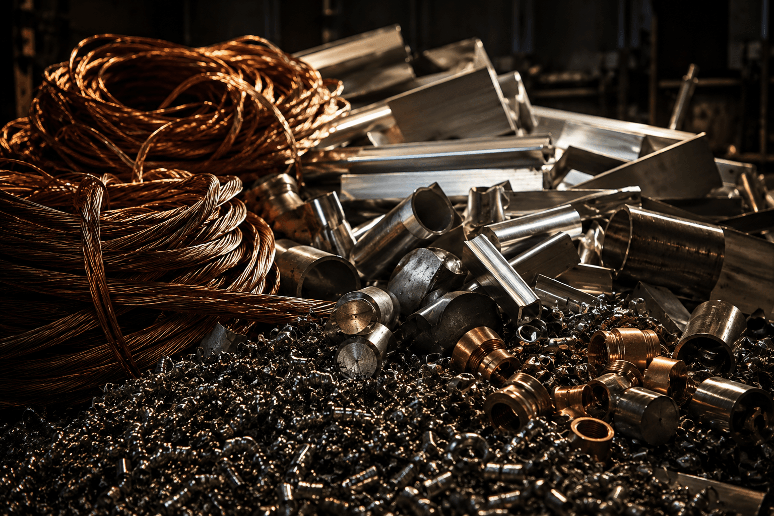 Copper and steel industrial scrap materials in a modern processing facility
